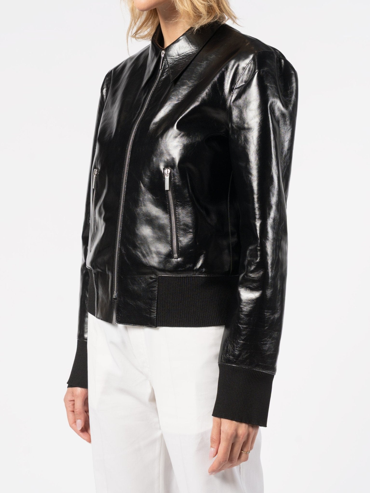 Glossed Leather Zip Jacket - by SAPIO