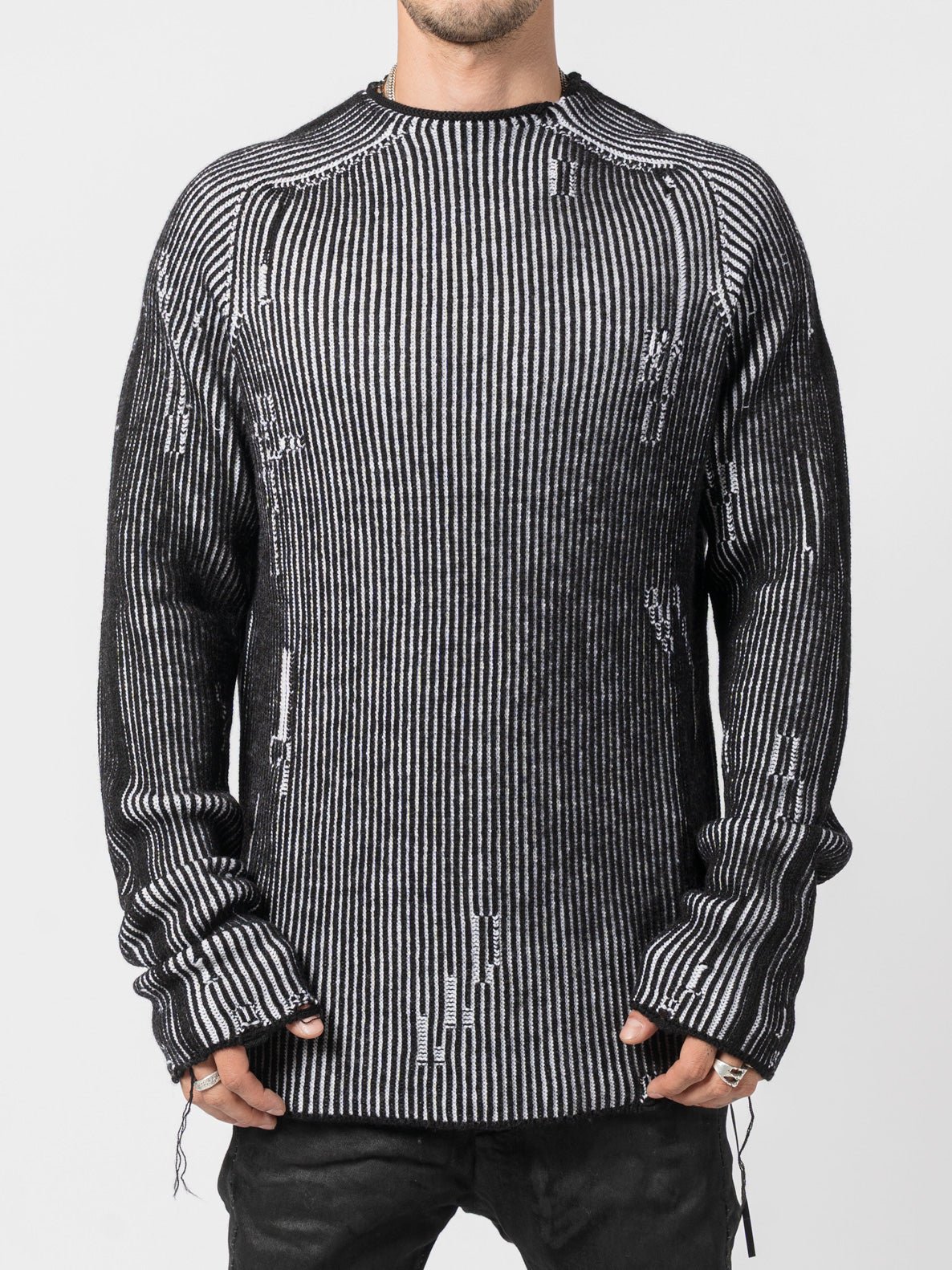 Distressed Wool Striped Longline Pullover by MD75 | INN7fashion