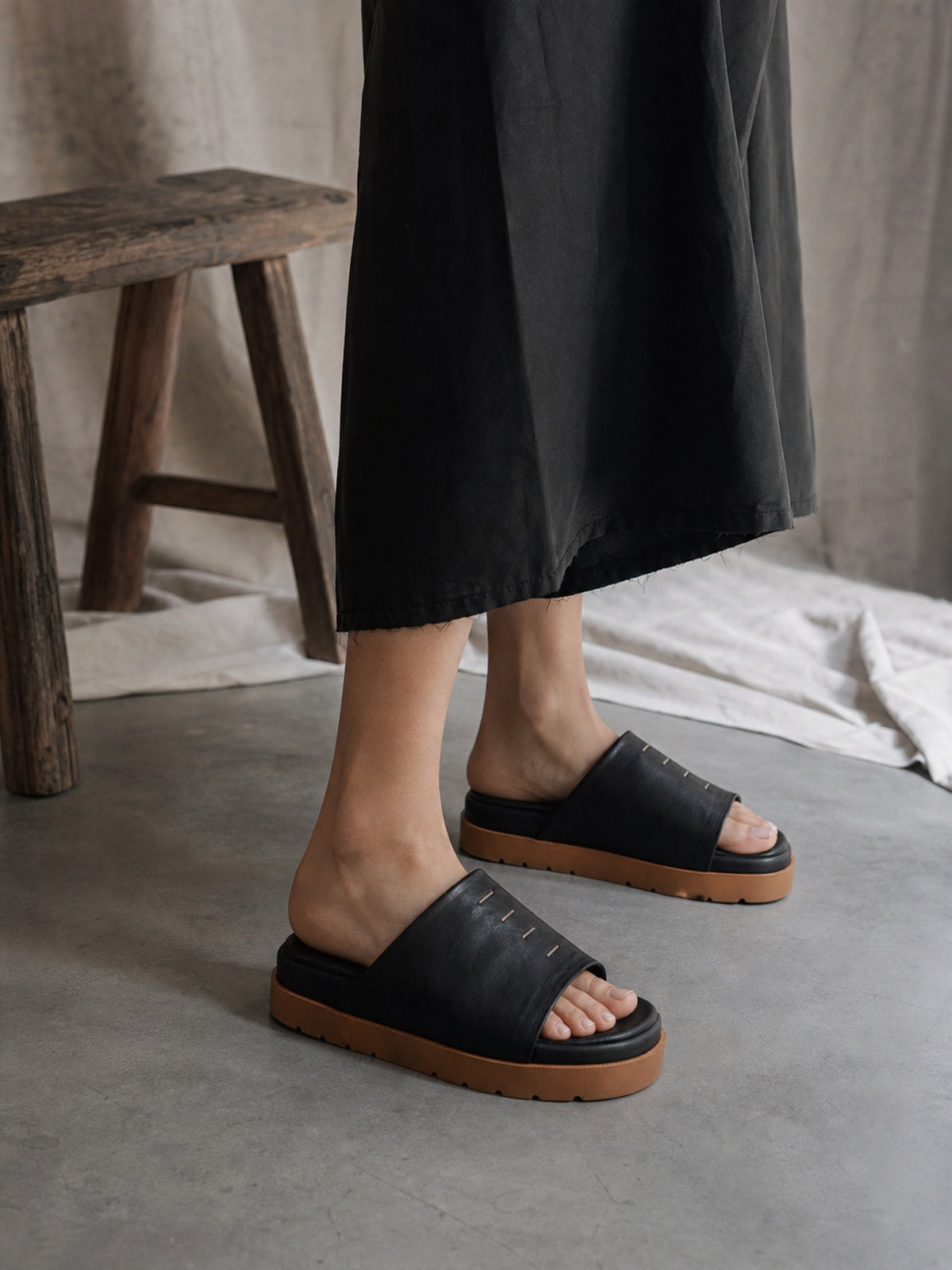 AITO Leather Slide Sandals, editorial on-foot view