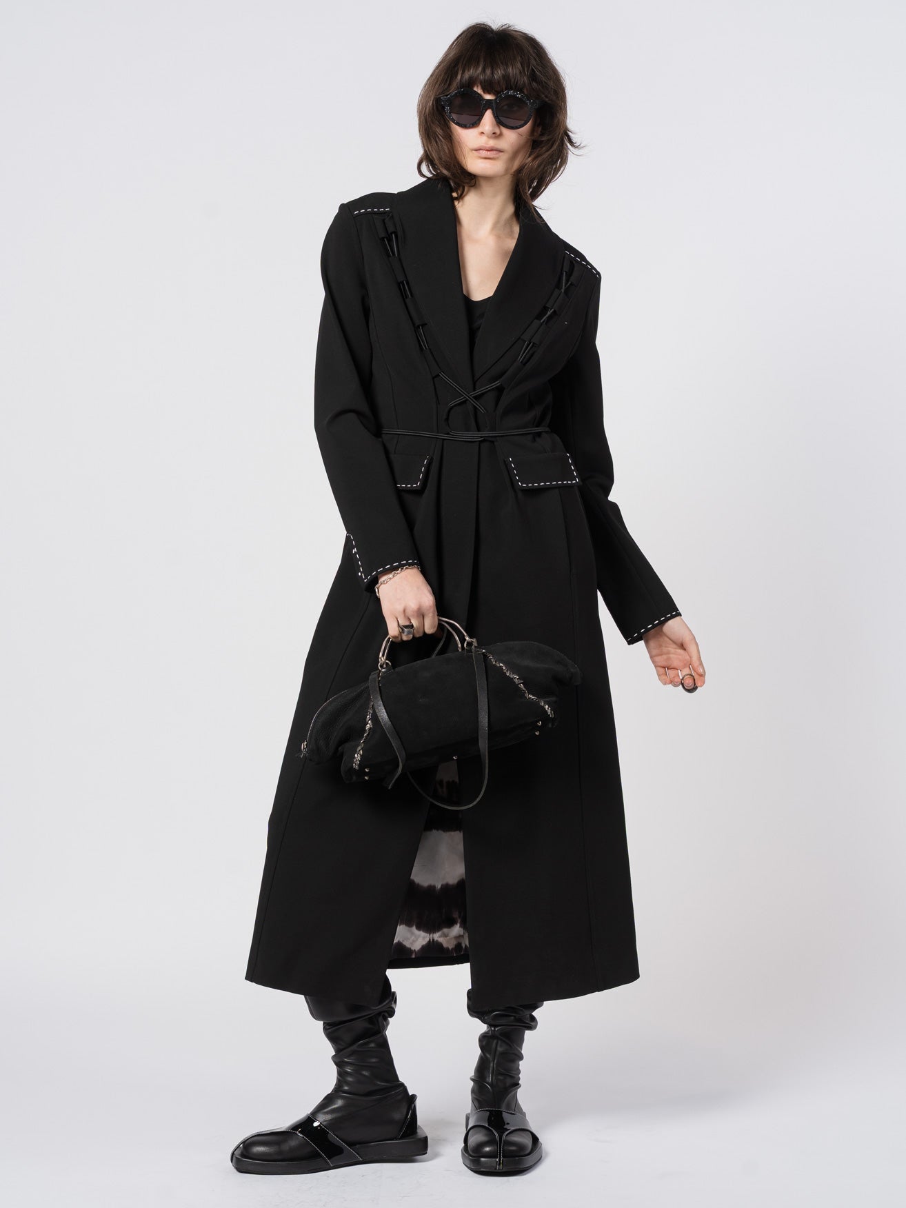 Lace - Up Tailored Long Coat - by SHARONA SHARVIT