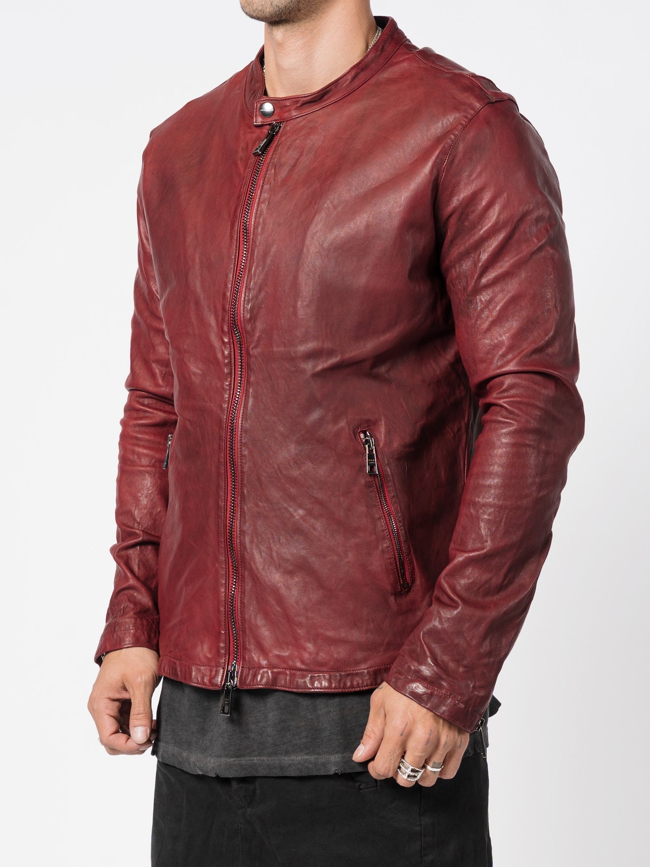 Garment-Dyed Vegetable-Tanned Collarless Biker Jacket by GIORGIO