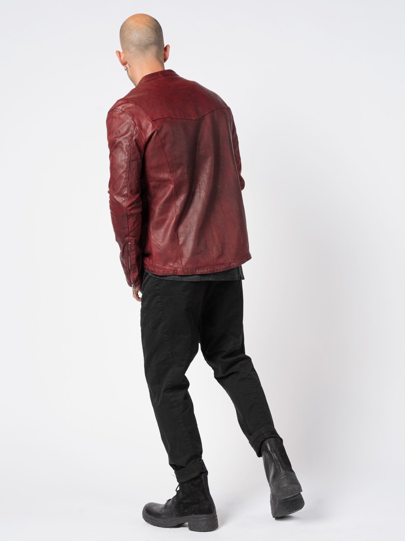 Garment-Dyed Vegetable-Tanned Collarless Biker Jacket by GIORGIO