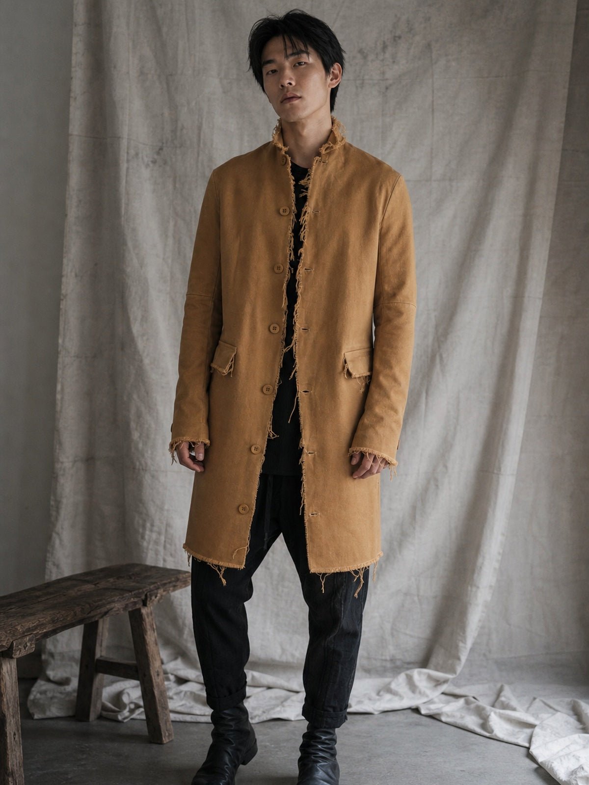 Long Frayed Edge Button-Up Jacket - by AITO