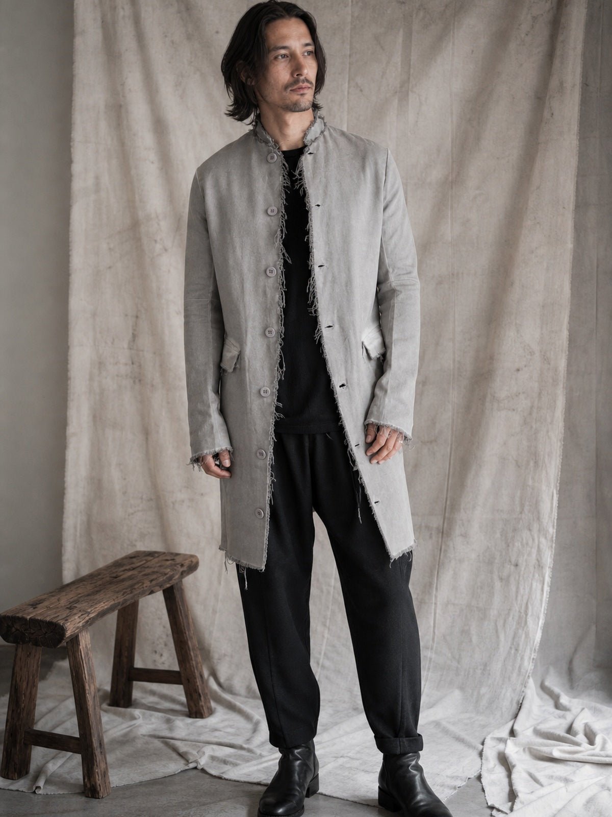Long Frayed Edge Button-Up Jacket - by AITO