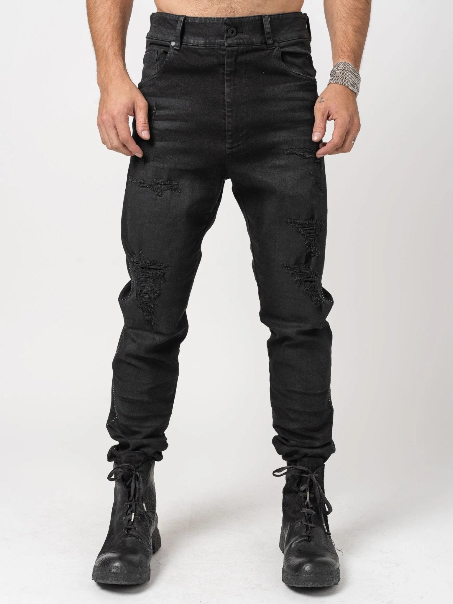 Low Crotch Jeans with Leather Effect - by MD75