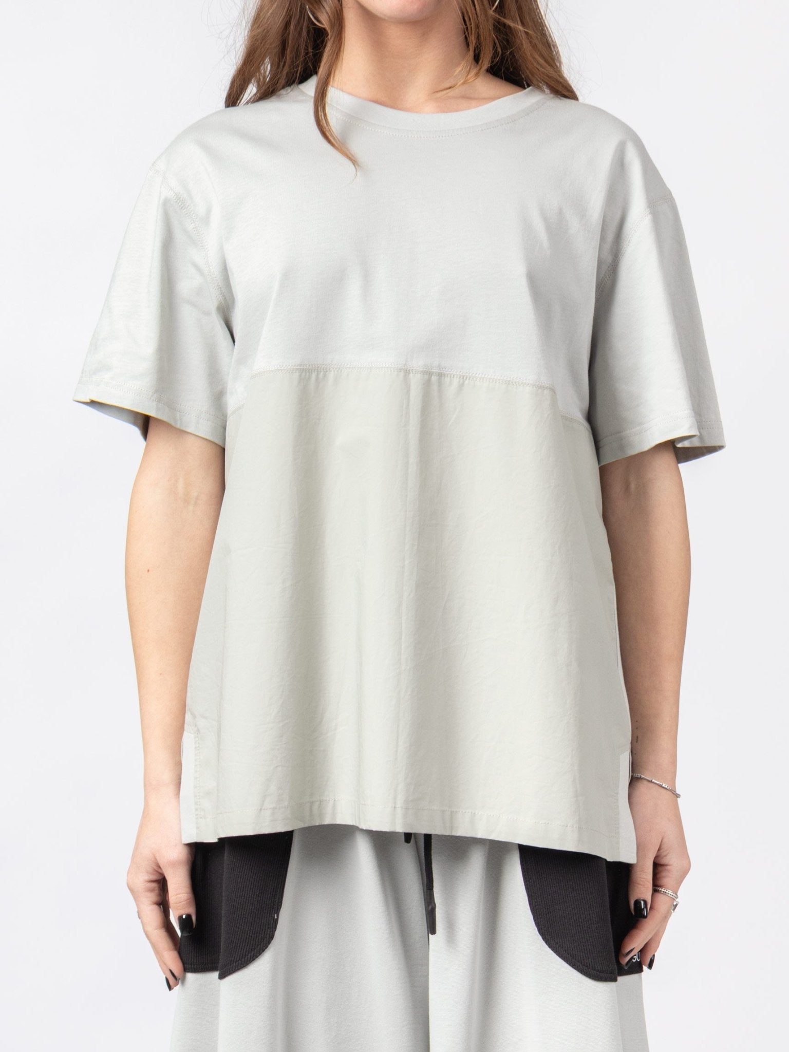 Mixed Fabric Short Sleeve Top - by VAGUE