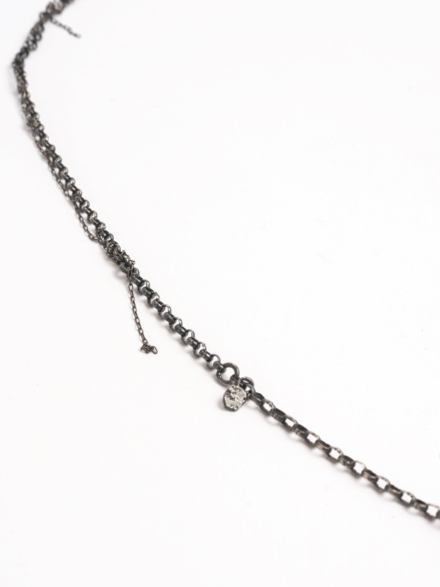 MAYA NOACH Oxidized Silver Chain Necklace, angled chain and pendant detail view