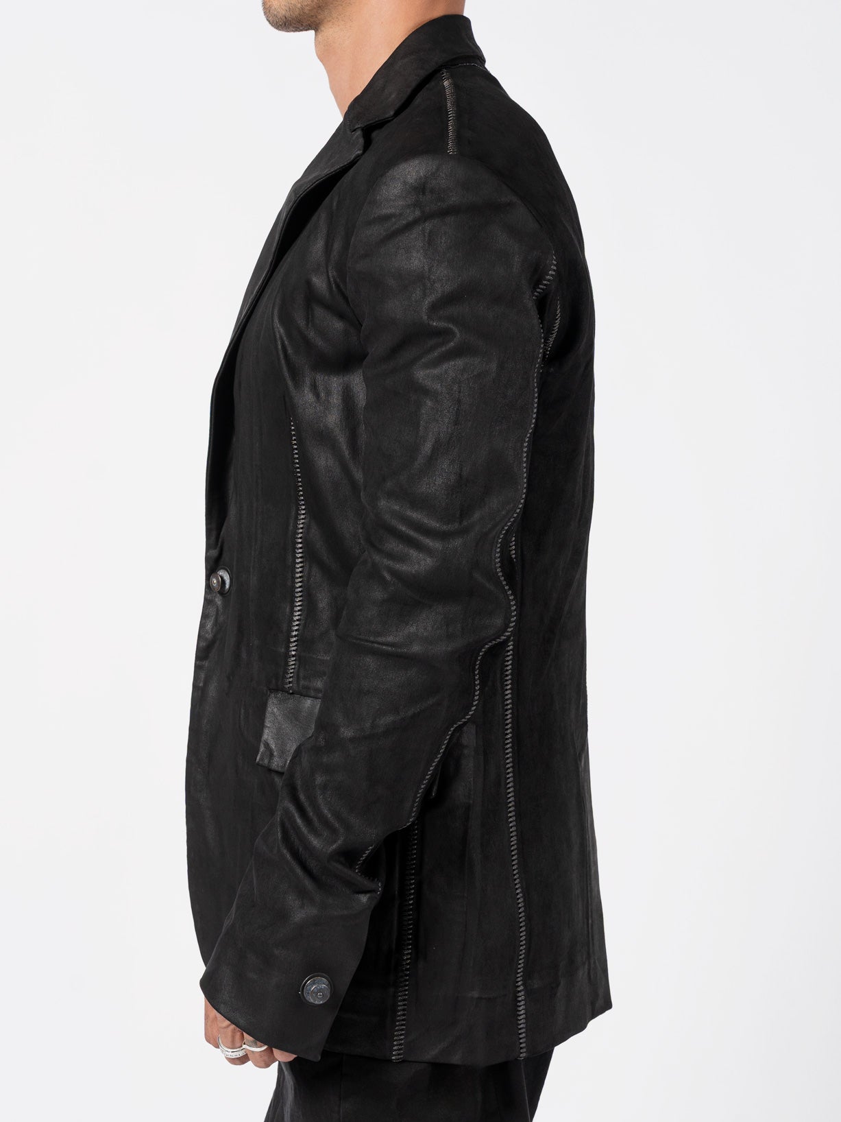 Stretch Leather Blazer with Spine Staples by ISAAC SELLAM
