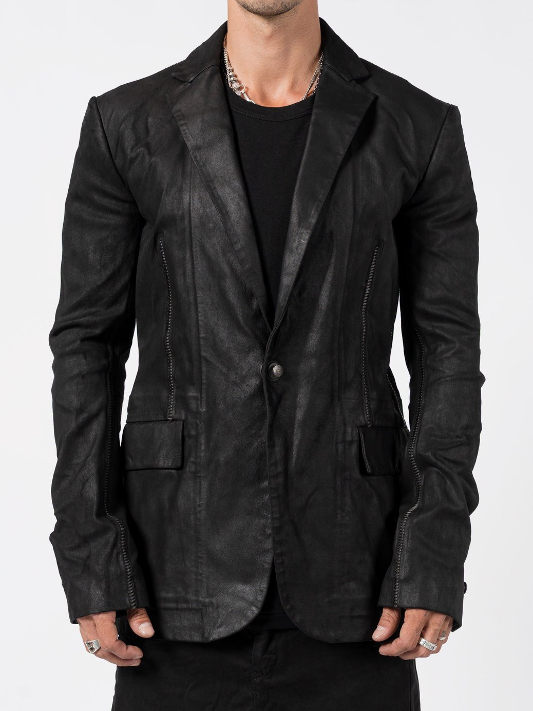Stretch Leather Blazer with Spine Staples by ISAAC SELLAM