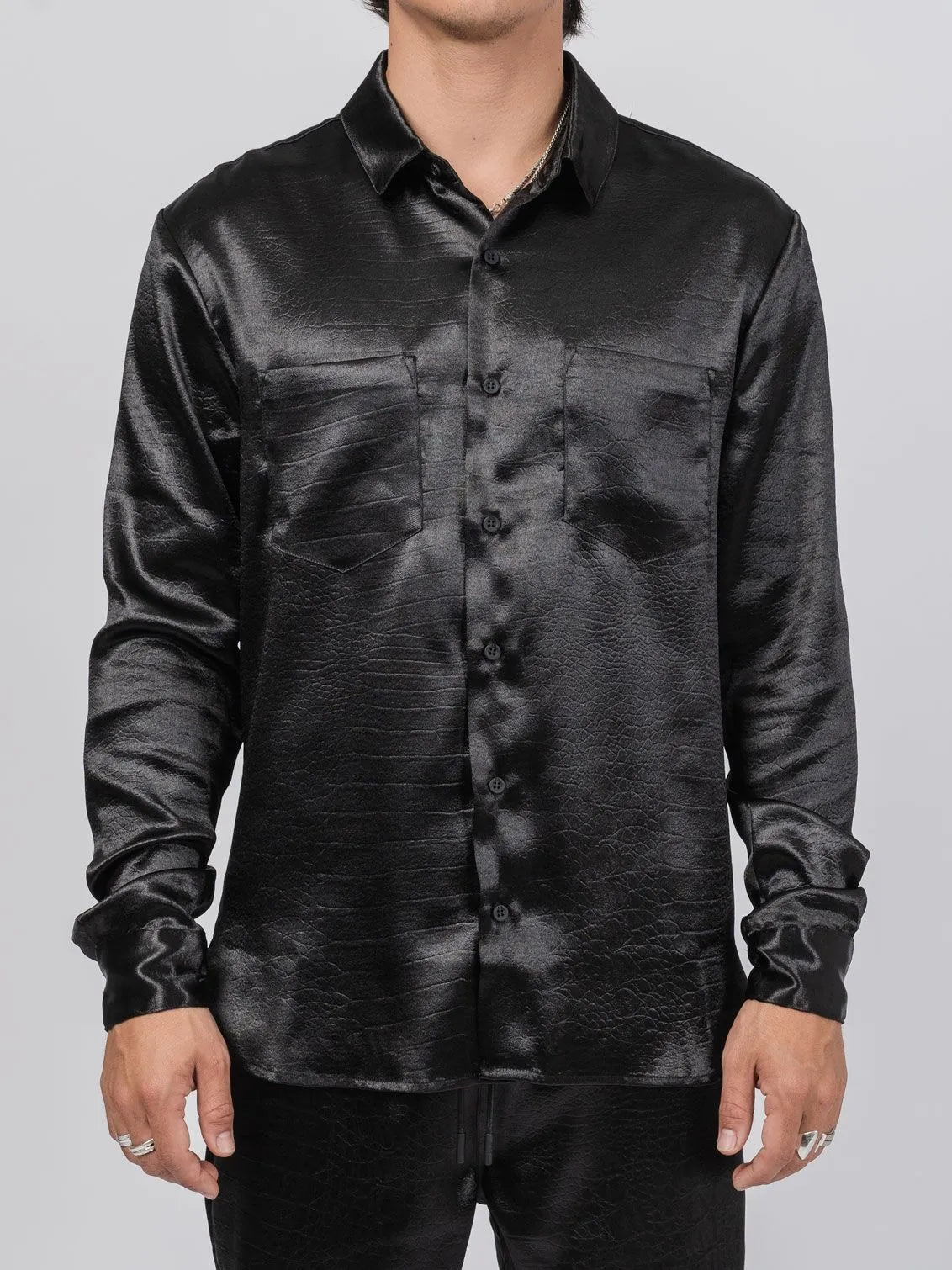 RTA Malcolm Croc - Embossed Satin Shirt Black - by RTA