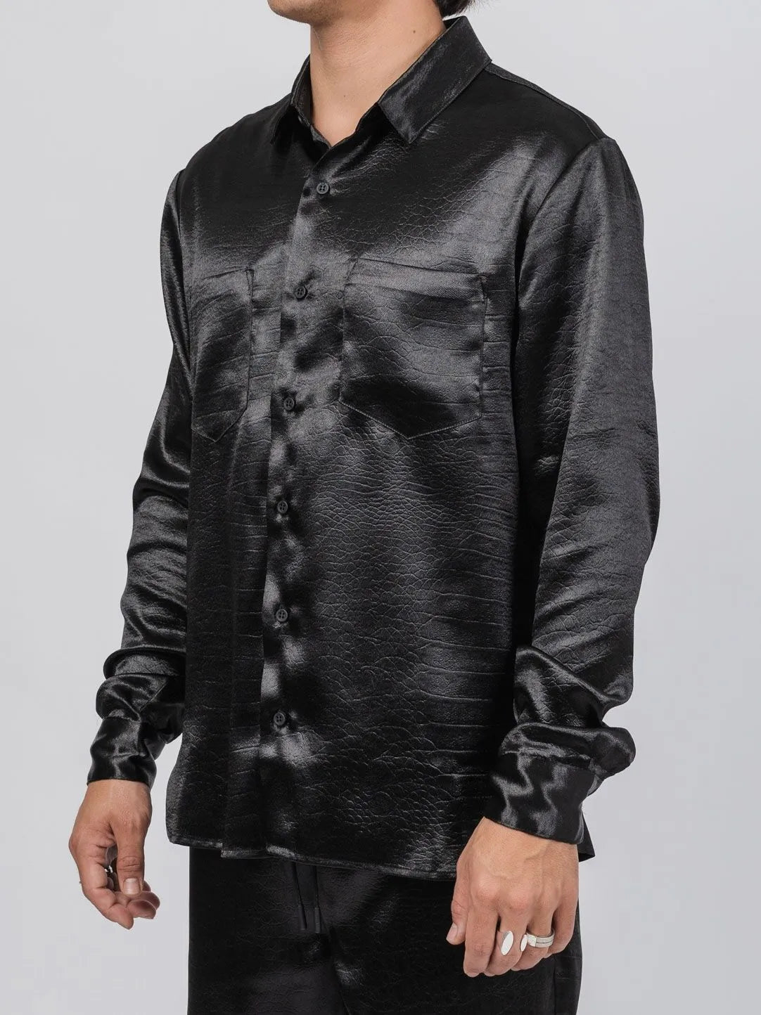RTA Malcolm Croc - Embossed Satin Shirt Black - by RTA