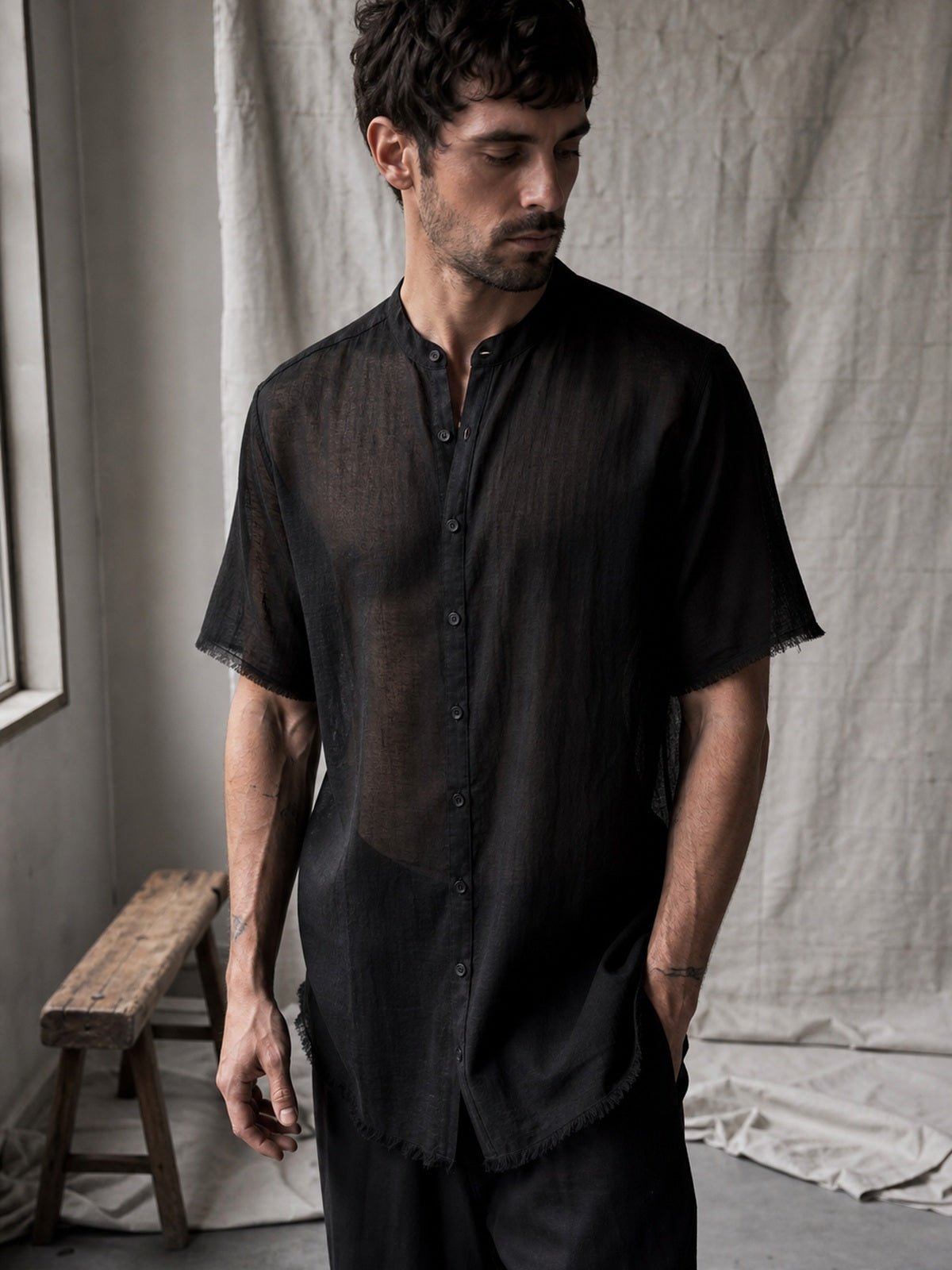 Sheer Cotton Short-Sleeve Shirt - by AITO