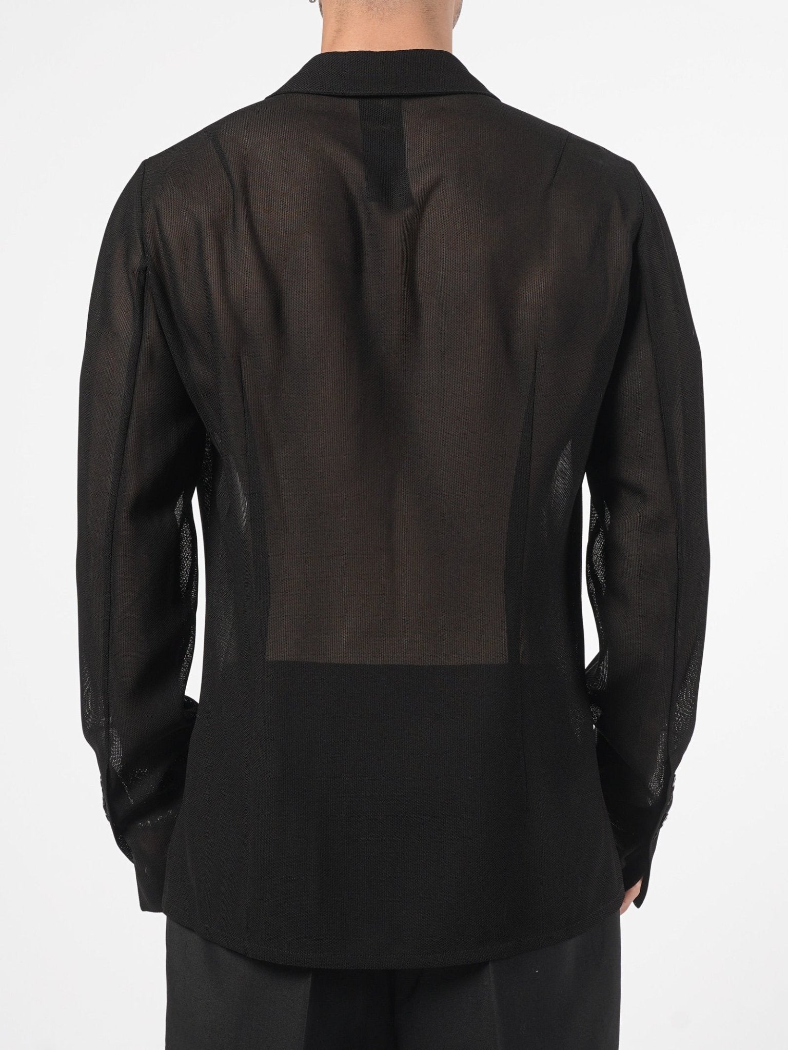 SAPIO sheer textured shirt back view, semi-sheer open weave, pointed collar