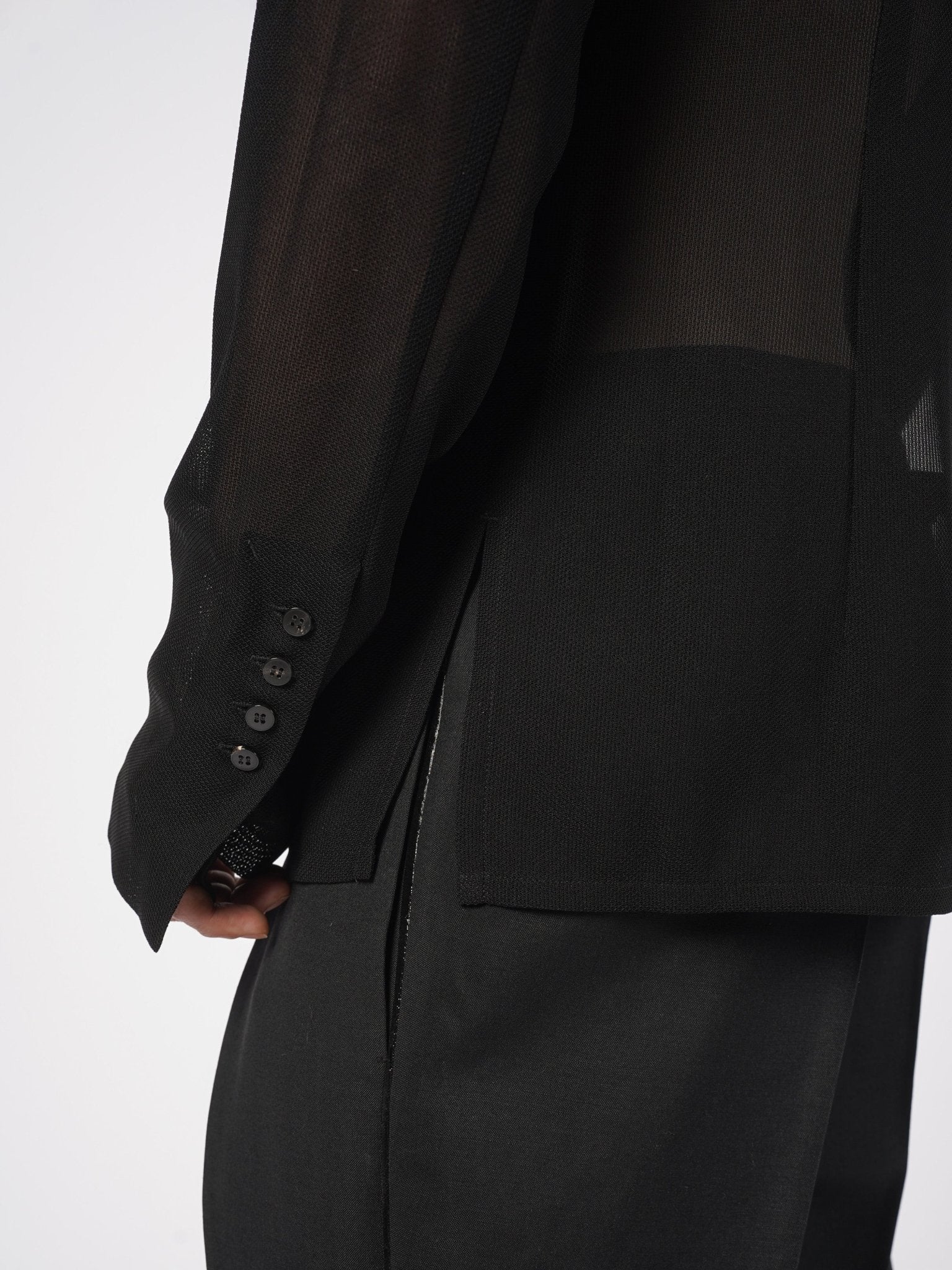 SAPIO sheer shirt detail, multi-button extended cuff and side hem slit