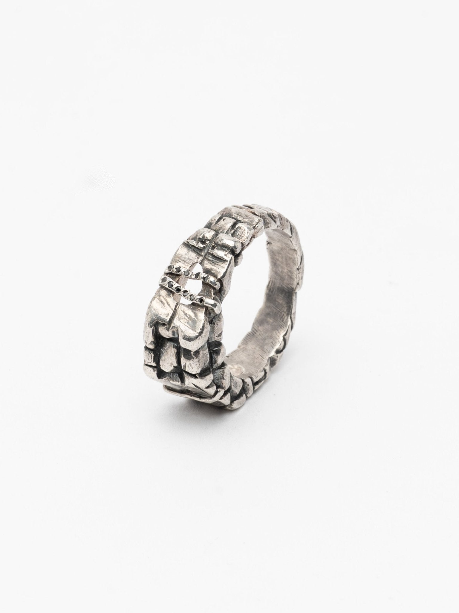 Textured Band Ring with Black Diamonds - by CEDAR