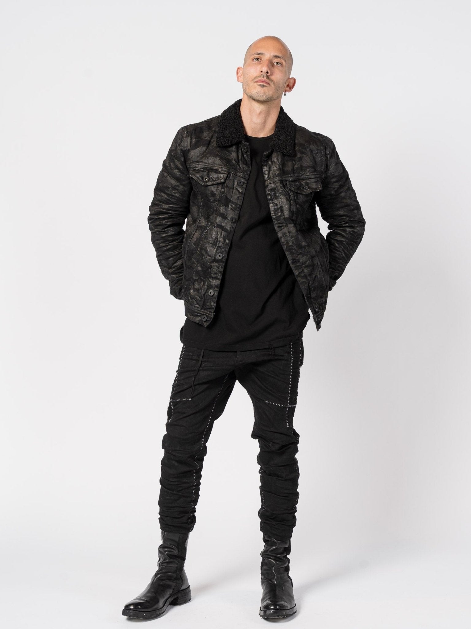 Textured Denim Jacket with Shearling Collar - by MD75