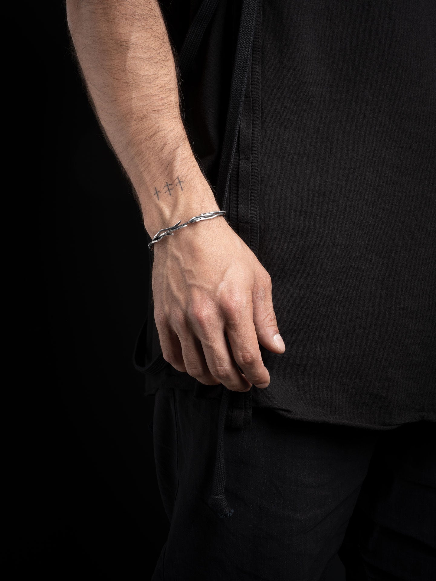 Textured Silver Cuff Bracelet with Black Zircon - by GOTI