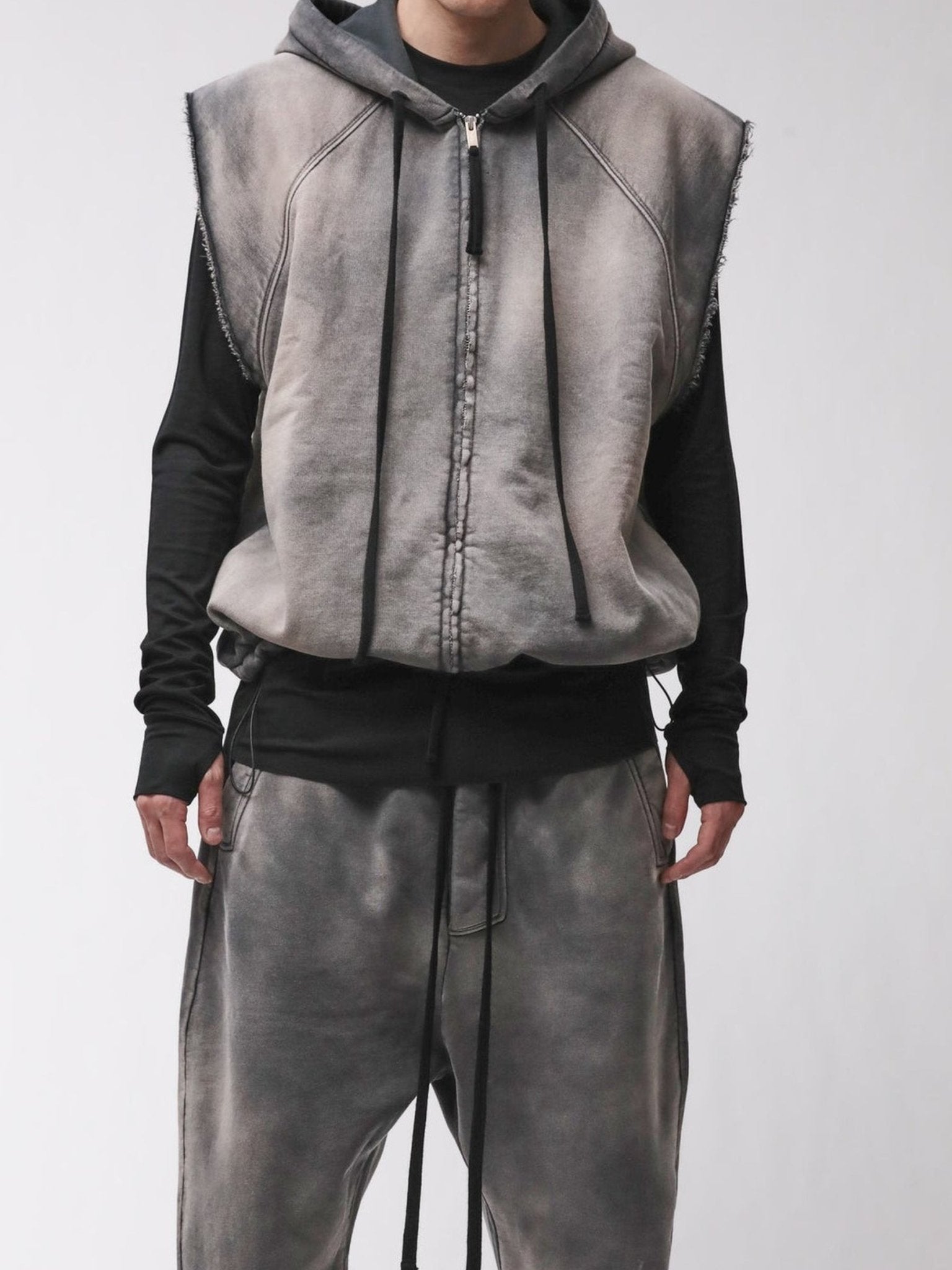 Thom Krom Sleeveless Hooded Jacket M SJ 706 Grey Stone Wash Spray - by THOM KROM