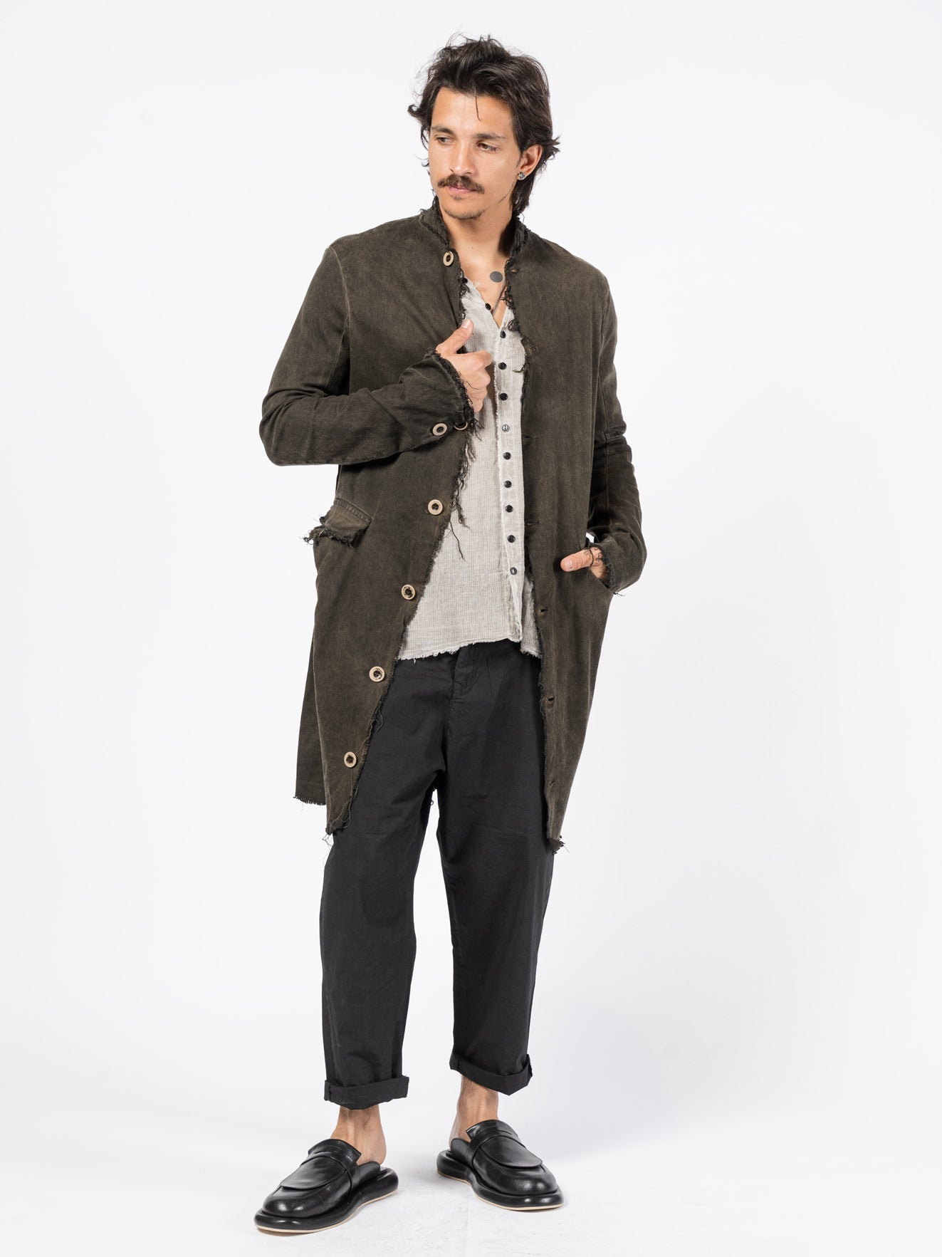 Washed Cotton Long Buttoned Coat - by AITO