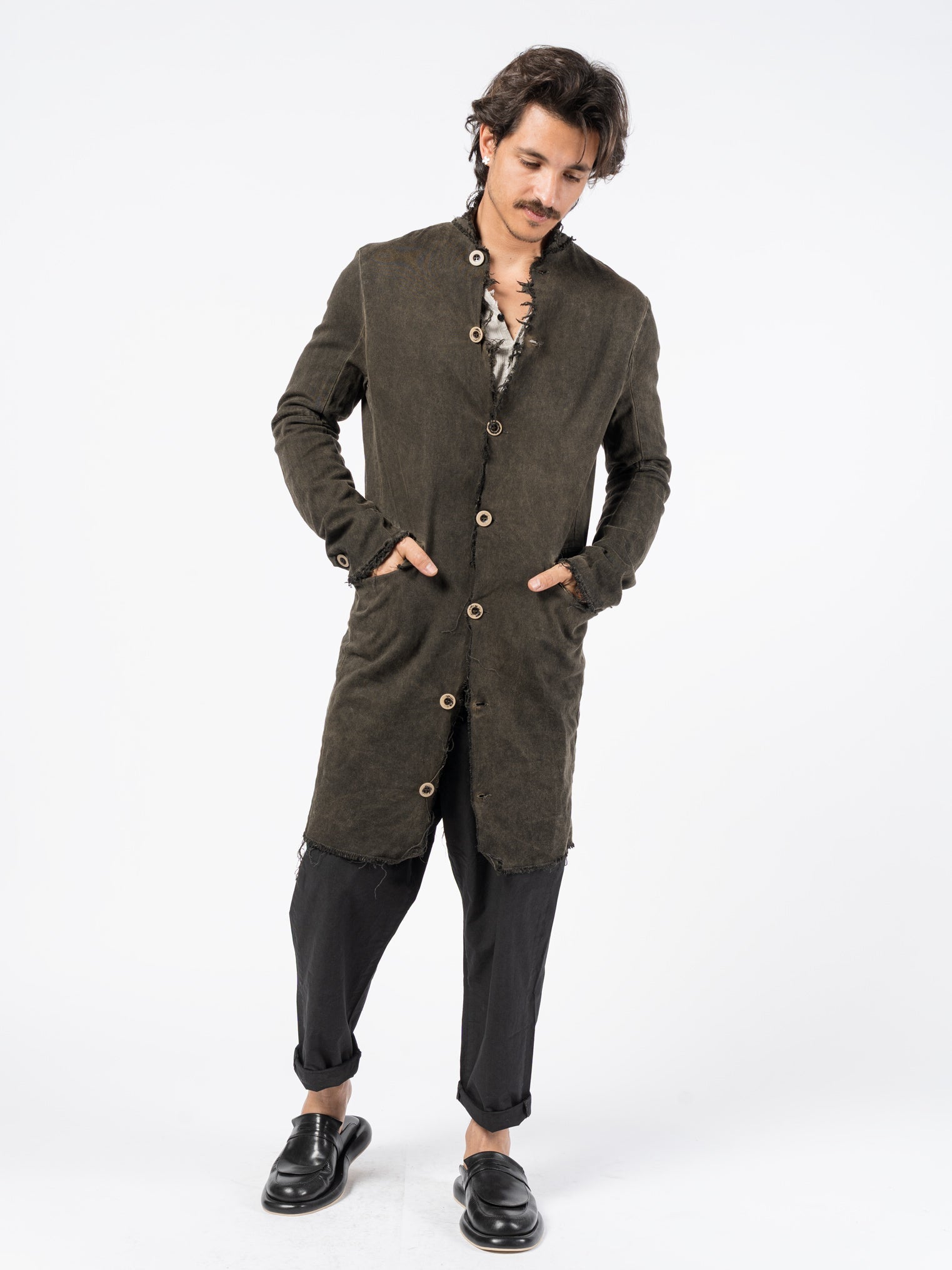 Washed Cotton Long Buttoned Coat - by AITO