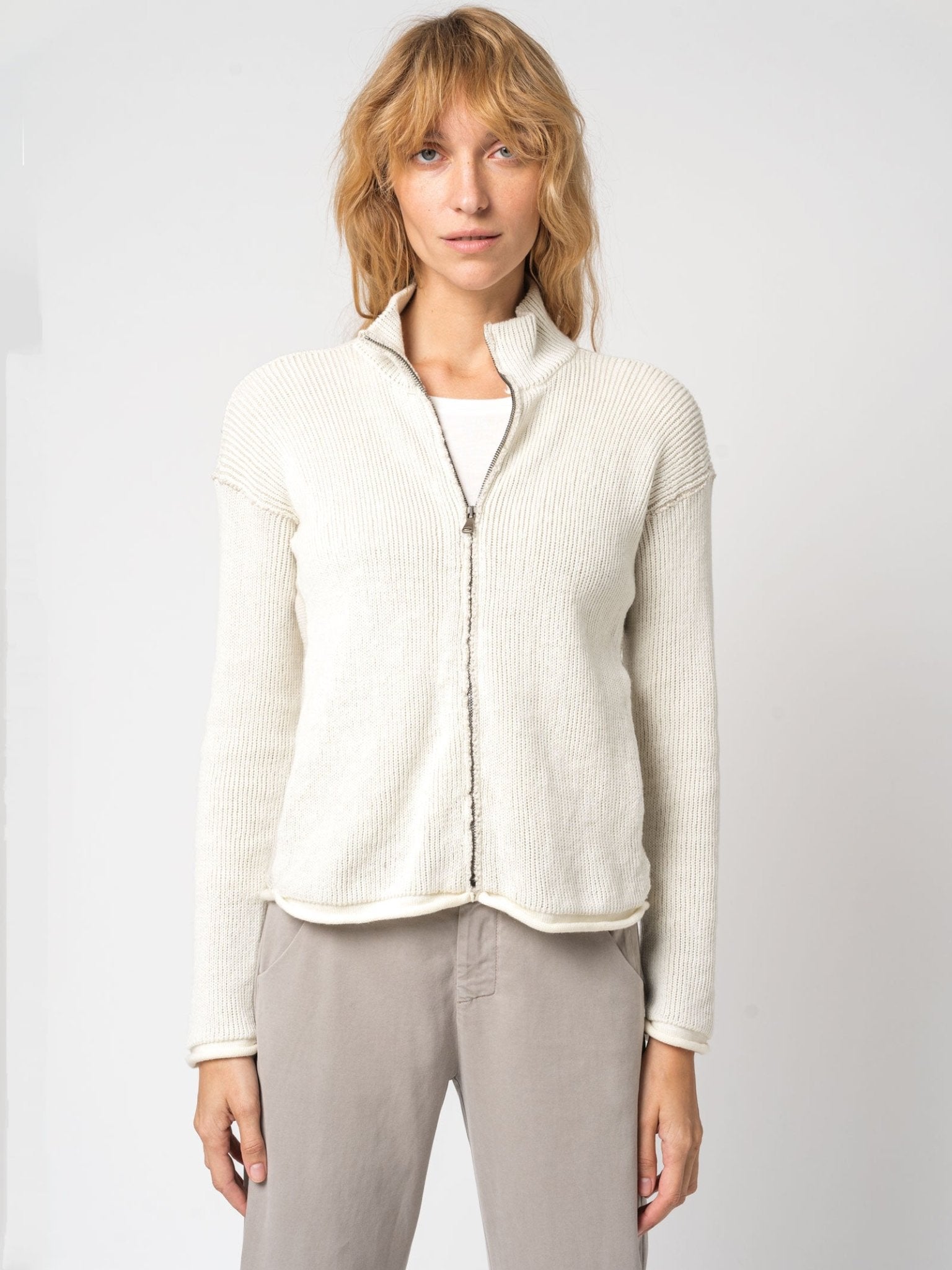 Zipped knitted jacket in two - tone ribbed - by TRANSIT