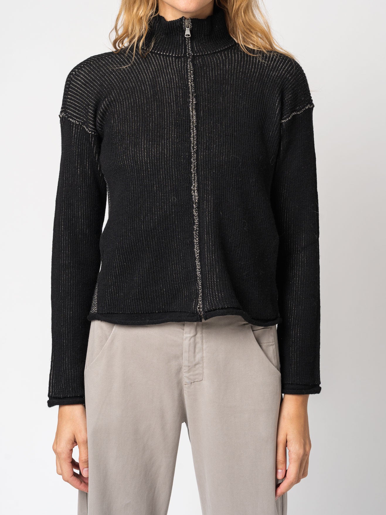 Zipped knitted jacket in two - tone ribbed - by TRANSIT